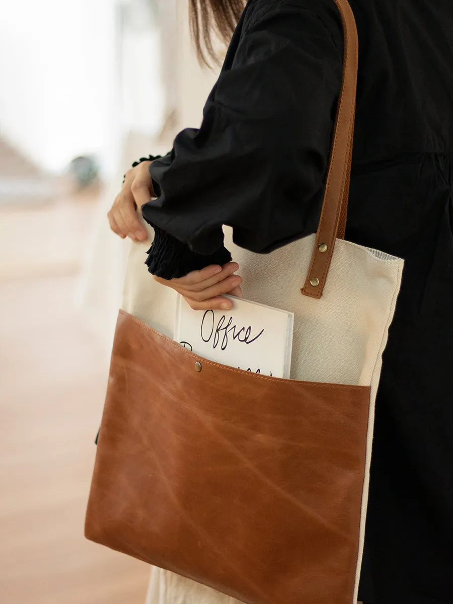 White&Brown Canvas Tote Bags Canvas Leather Handbags Womens Canvas Leather Tote Bag for Men